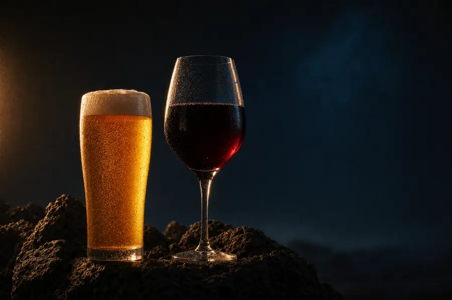 A glass of golden beer beside a glass of red wine, backlit so both glow.