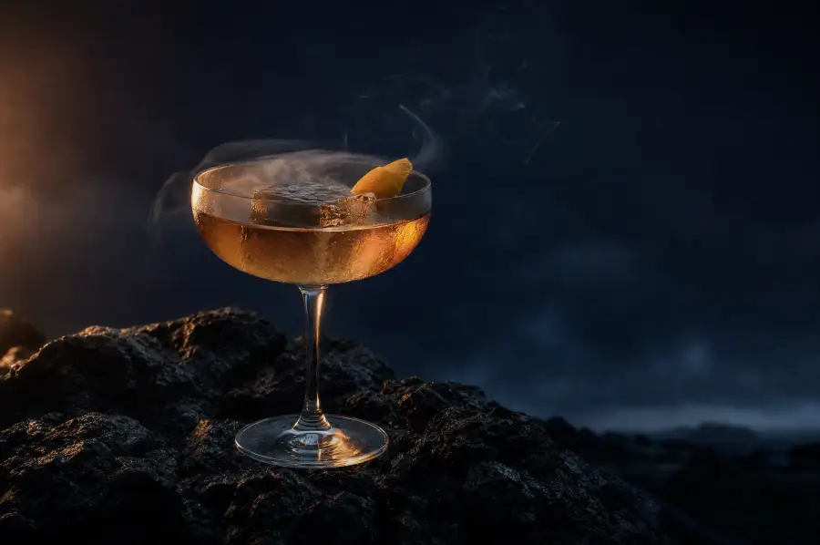 A cocktail in a coupe glass with a large clear ice cube and a citrus twist.