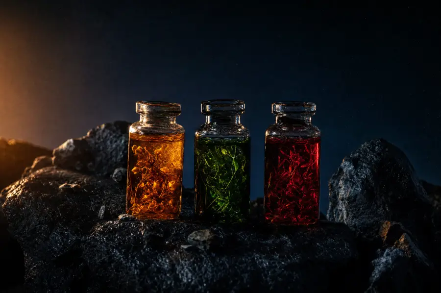 Three small glasses of herbal elixir in amber, green and ruby, lit from within.
