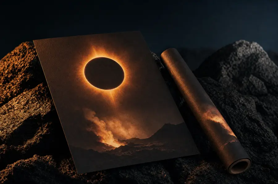 An art print of a total solar eclipse, a black disc ringed by a blazing corona.