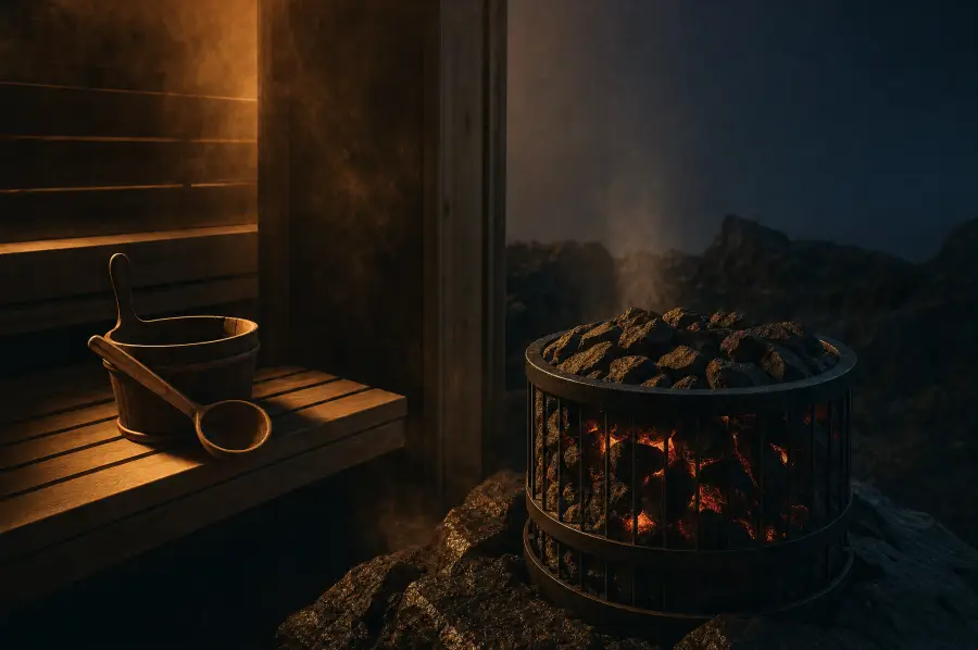 The inside of a wooden sauna with a glowing stove of volcanic stones and steam.