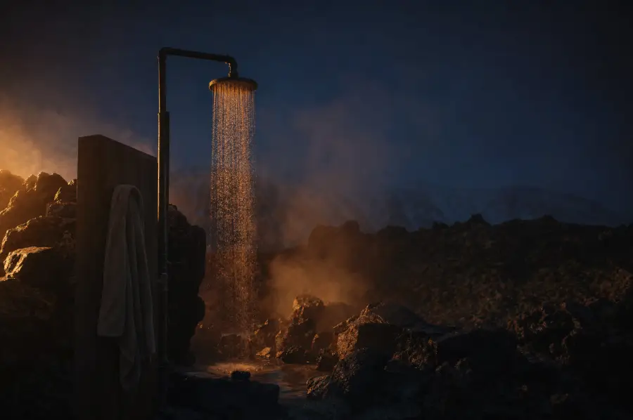 An outdoor festival shower steaming against a misty Icelandic landscape.