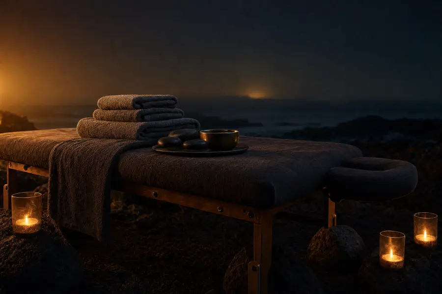 A wellness table with folded linen towels, heated basalt stones and a bowl of oil.